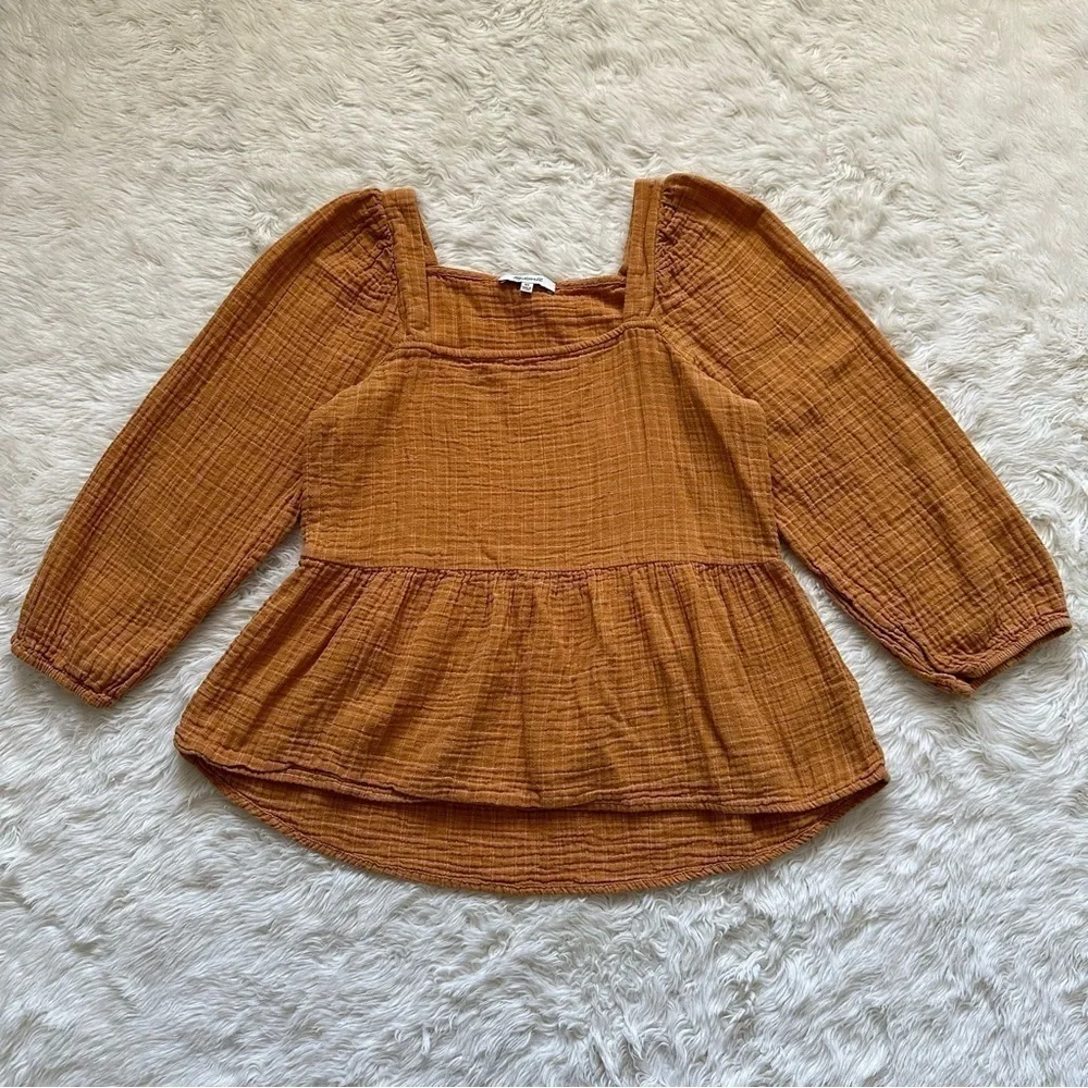 Madewell Blouse Lightspun Millbrook Puff-Sleeve Peplum Top in Windowpane XS